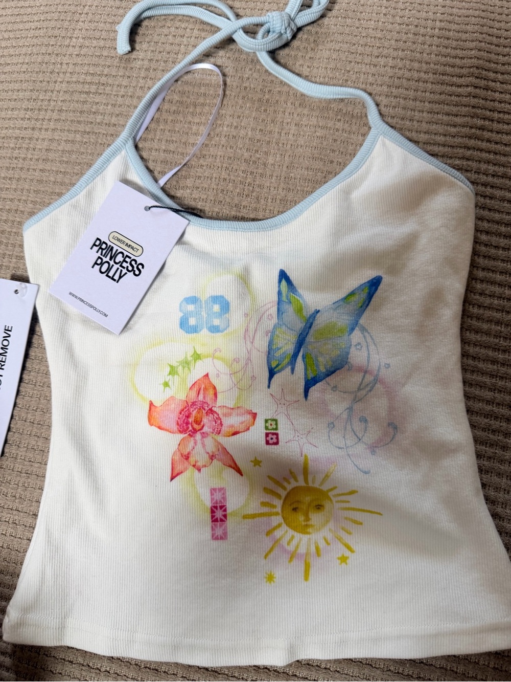 Princess Polly Cream Halter Tank with Colorful Butterfly & Sun Graphic